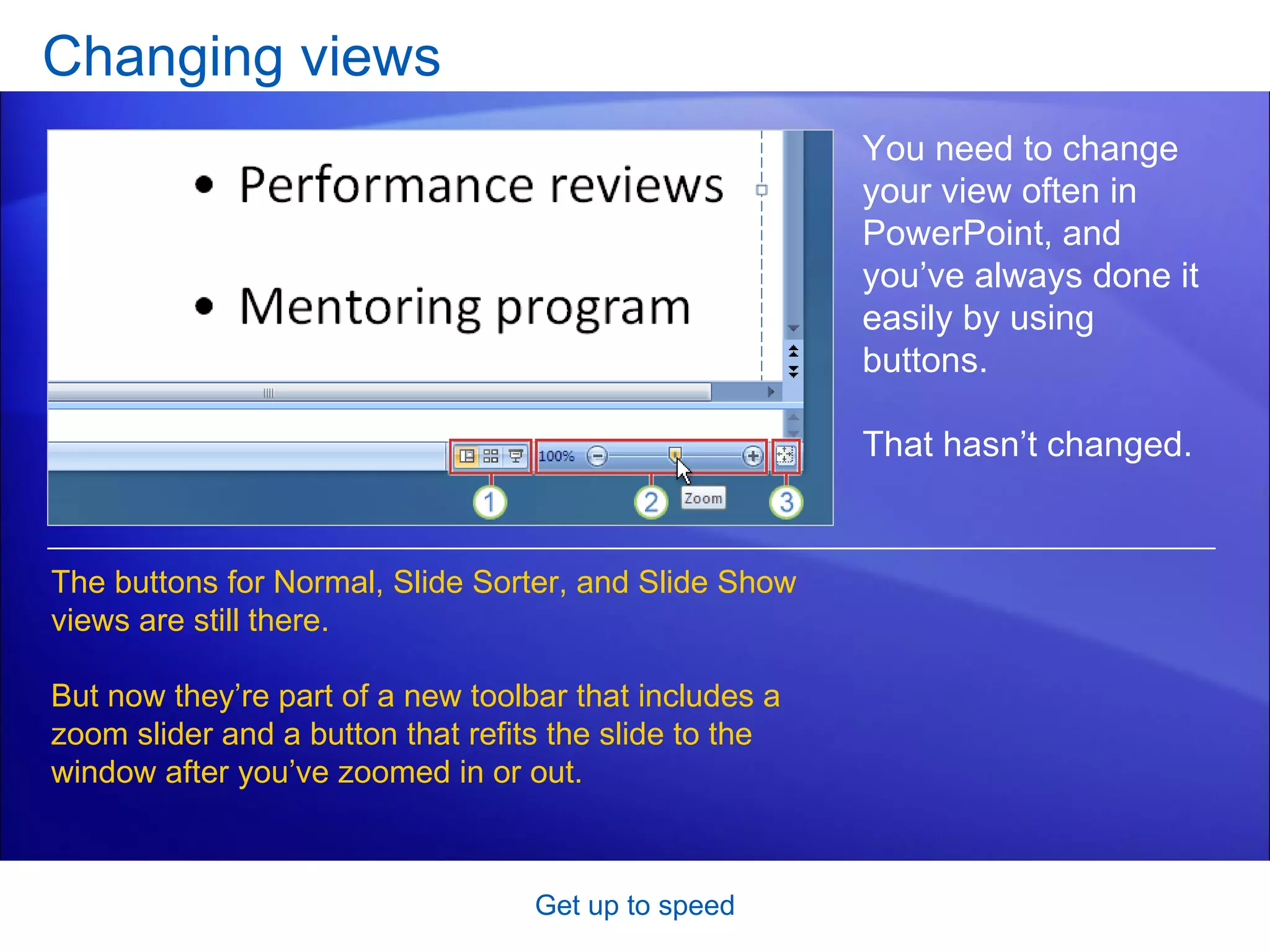 Changing views Get up to speed You need to change your view often in PowerPoint, and you’ve always done it easily by using buttons.  That hasn’t changed.  The buttons for Normal, Slide Sorter, and Slide Show views are still there.  But now they’re part of a new toolbar that includes a zoom slider and a button that refits the slide to the window after you’ve zoomed in or out.  