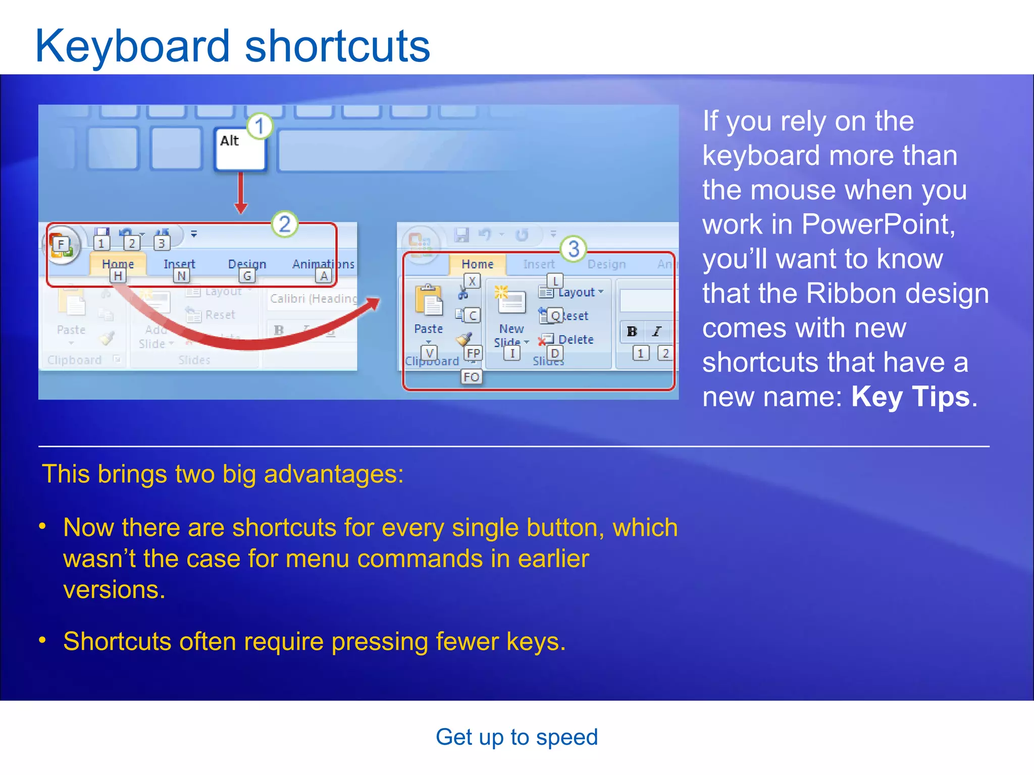 Keyboard shortcuts Get up to speed If you rely on the keyboard more than the mouse when you work in PowerPoint, you’ll want to know that the Ribbon design comes with new shortcuts that have a new name:  Key Tips . This brings two big advantages: Now there are shortcuts for every single button, which wasn’t the case for menu commands in earlier versions.  Shortcuts often require pressing fewer keys.  