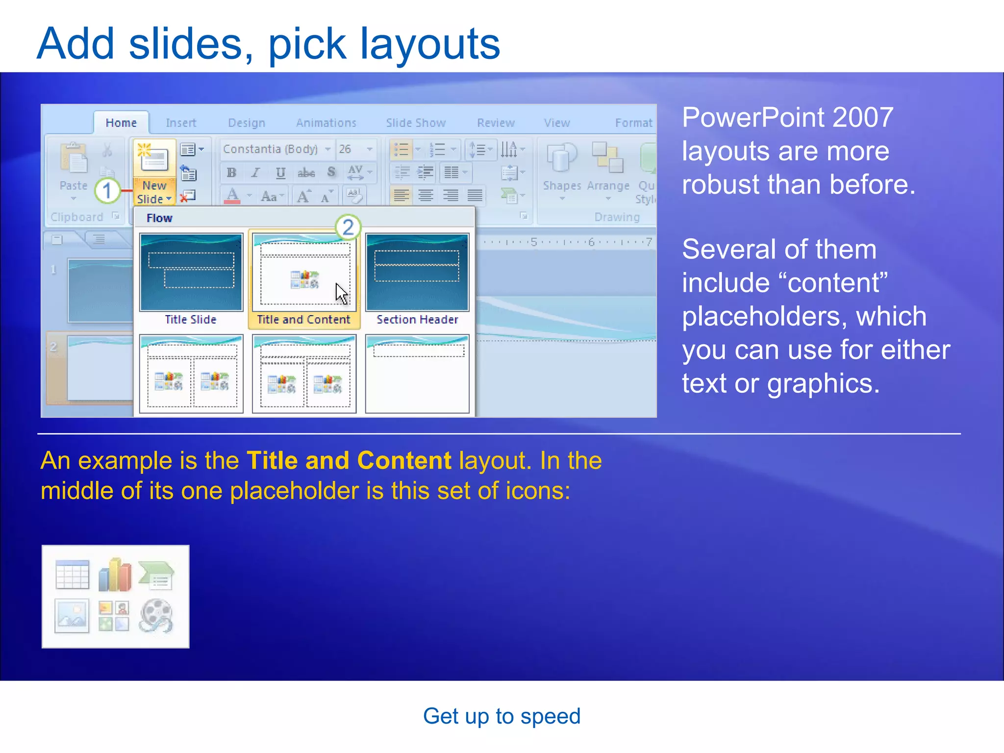 Add slides, pick layouts Get up to speed PowerPoint 2007 layouts are more robust than before.  An example is the  Title and Content  layout. In the middle of its one placeholder is this set of icons: Several of them include “content” placeholders, which you can use for either text or graphics.  