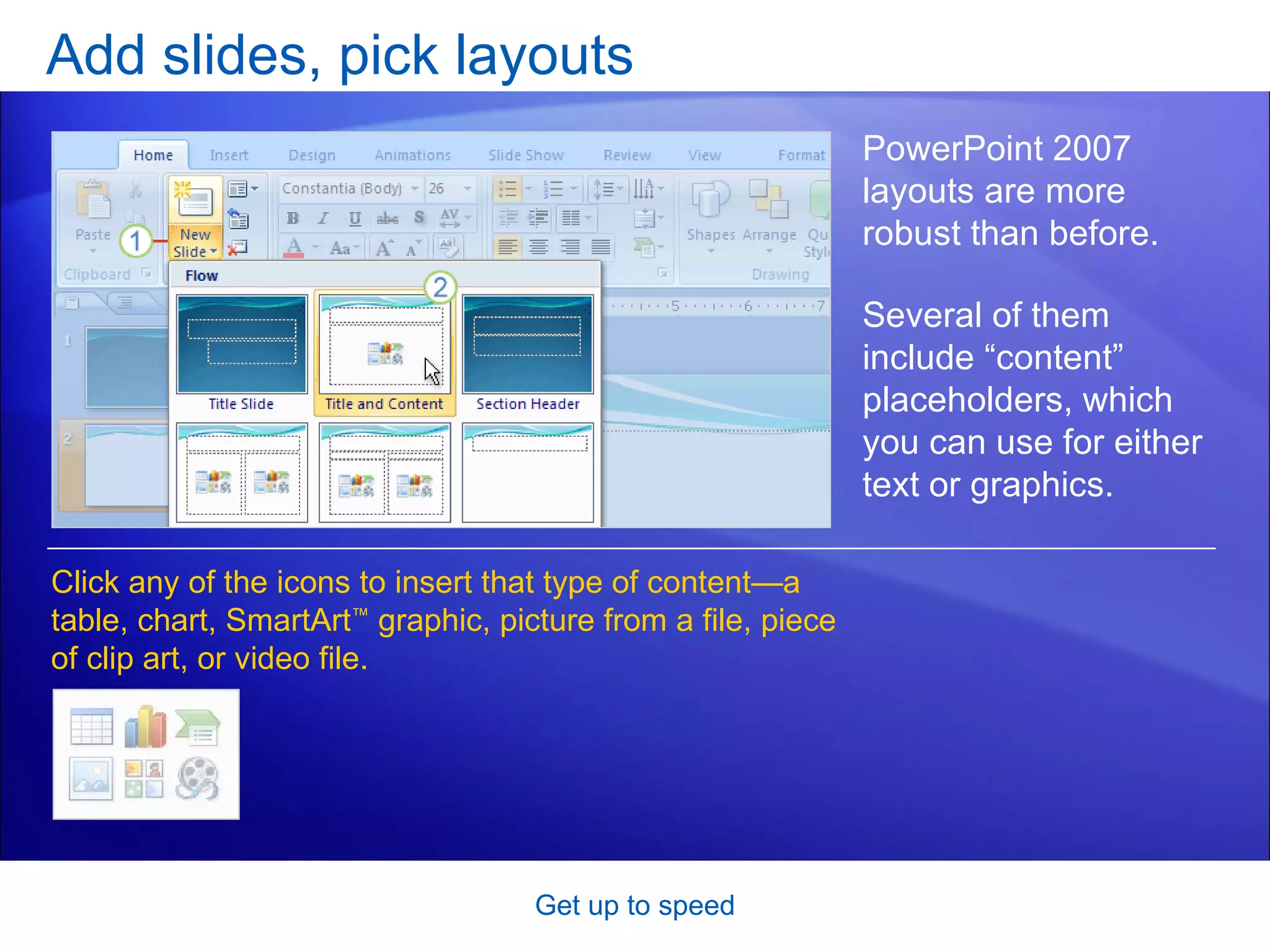 Add slides, pick layouts Get up to speed PowerPoint 2007 layouts are more robust than before.  Click any of the icons to insert that type of content—a table, chart, SmartArt ™  graphic, picture from a file, piece of clip art, or video file.  Several of them include “content” placeholders, which you can use for either text or graphics.  