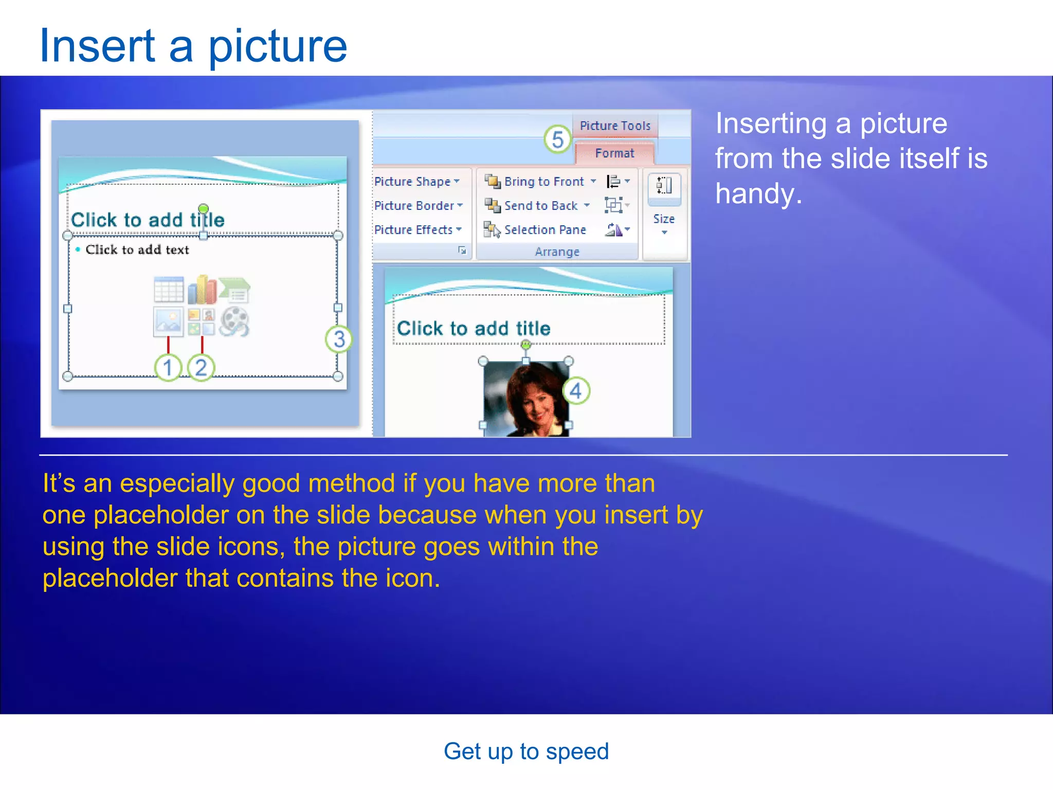 Insert a picture Get up to speed Inserting a picture from the slide itself is handy.  It’s an especially good method if you have more than one placeholder on the slide because when you insert by using the slide icons, the picture goes within the placeholder that contains the icon. 