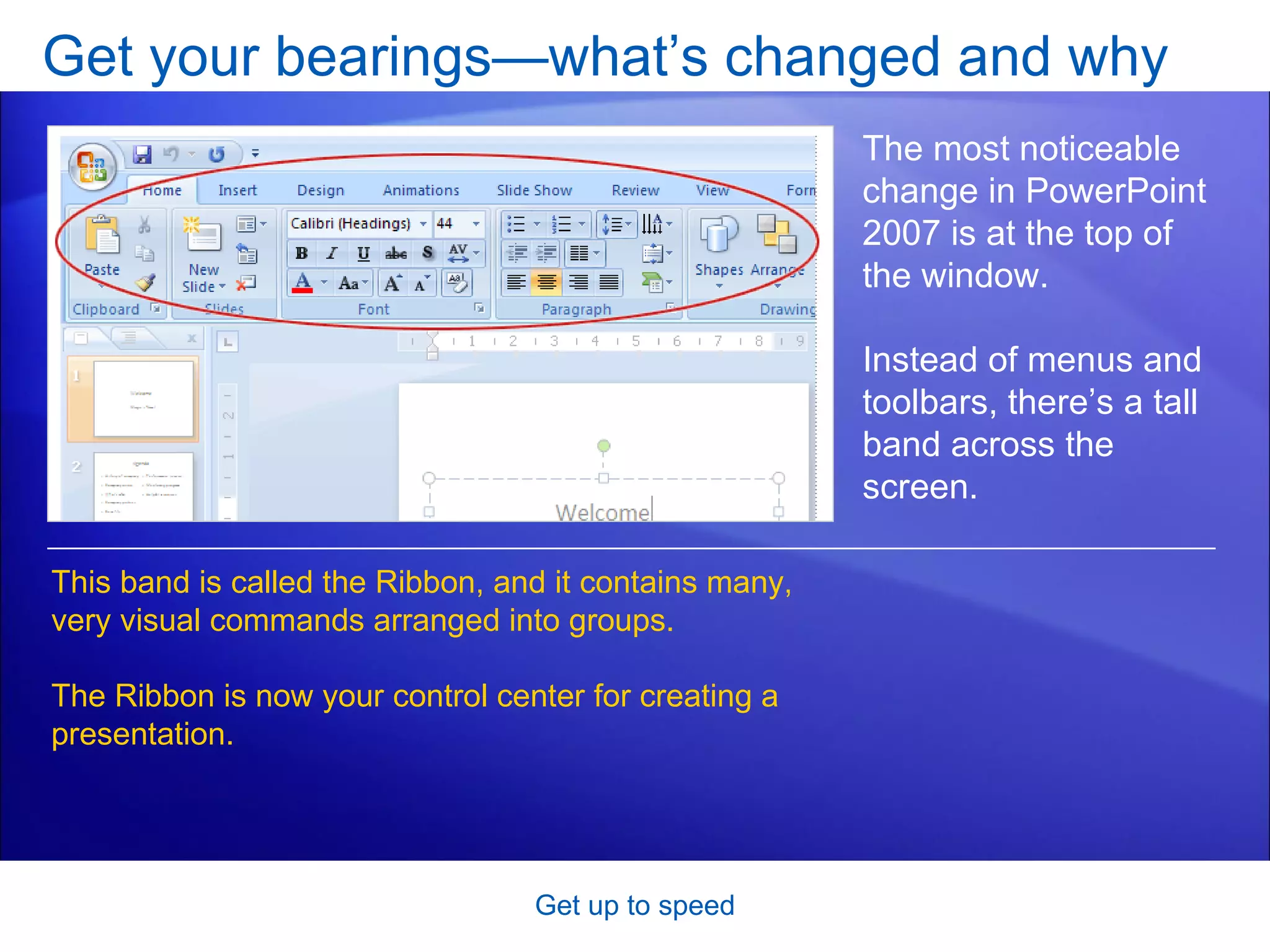 Get your bearings—what’s changed and why Get up to speed The most noticeable change in PowerPoint 2007 is at the top of the window. Instead of menus and toolbars, there’s a tall band across the screen. This band is called the Ribbon, and it contains many, very visual commands arranged into groups. The Ribbon is now your control center for creating a presentation.  