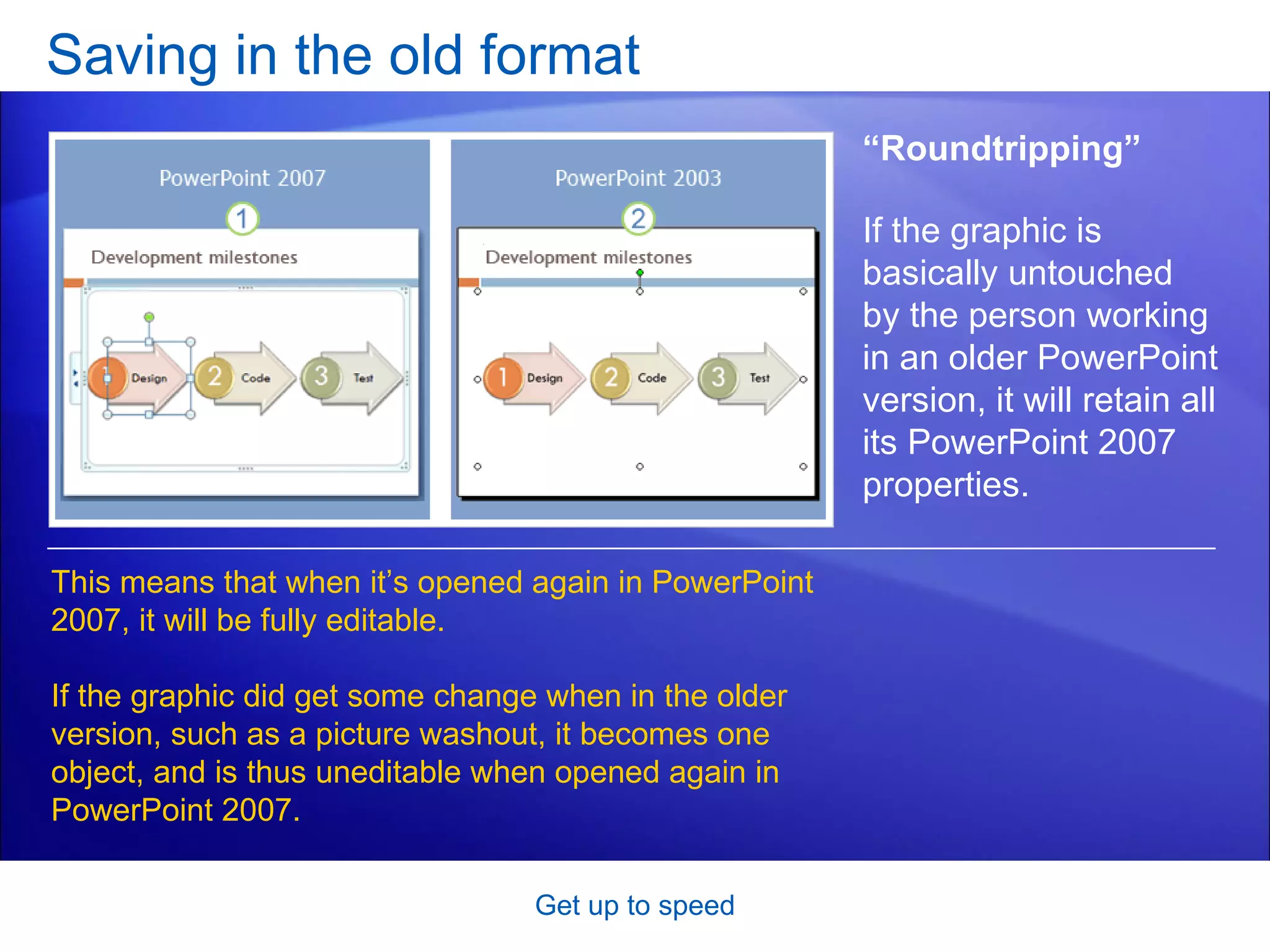 Saving in the old format Get up to speed “ Roundtripping” If the graphic is basically untouched by the person working in an older PowerPoint version, it will retain all its PowerPoint 2007 properties.  This means that when it’s opened again in PowerPoint 2007, it will be fully editable. If the graphic did get some change when in the older version, such as a picture washout, it becomes one object, and is thus uneditable when opened again in PowerPoint 2007. 