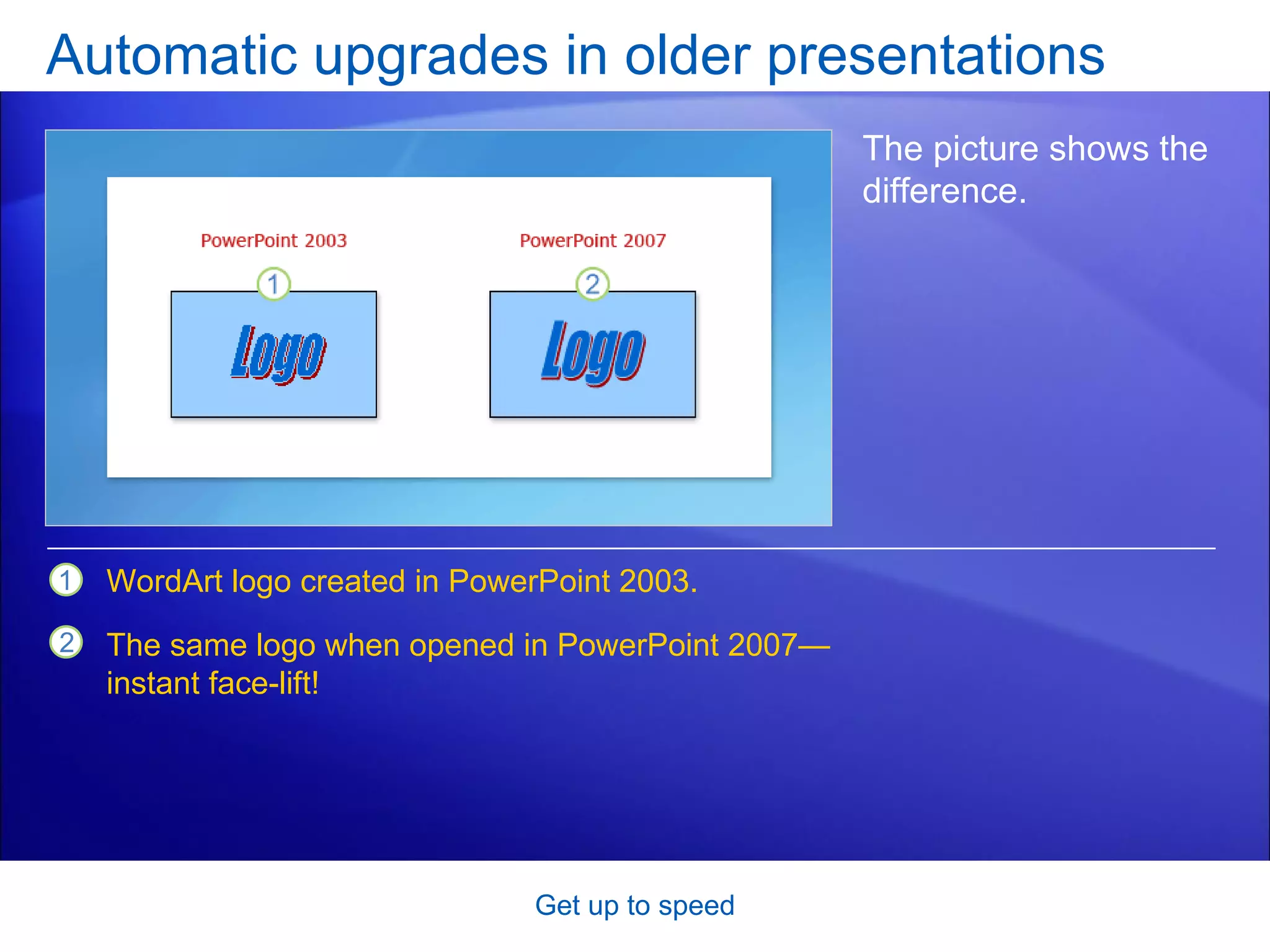 Automatic upgrades in older presentations Get up to speed The picture shows the difference.  WordArt logo created in PowerPoint 2003. The same logo when opened in PowerPoint 2007—instant face-lift! 