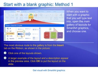 Start with a blank graphic: Method 1 Get visual with SmartArt graphics When you want to start with a graphic that you will type text into, open the main gallery of layouts for SmartArt graphics, and choose one.  Click one of the layouts shown. The most obvious route to the gallery is from the  Insert  tab on the Ribbon, as shown in the picture: A larger example of the layout and a description appear in the preview area. Click  OK  to put the layout on the slide. 