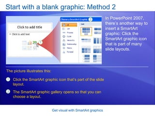 Start with a blank graphic: Method 2 Get visual with SmartArt graphics In PowerPoint 2007, there’s another way to insert a SmartArt graphic: Click the SmartArt graphic icon that is part of many slide layouts.  Click the SmartArt graphic icon that’s part of the slide layout. The SmartArt graphic gallery opens so that you can choose a layout. The picture illustrates this: 