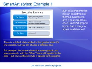 SmartArt styles: Example 1 Get visual with SmartArt graphics Just as a presentation has an assortment of themes available to give it its overall look, each SmartArt graphic layout has a range of styles available to it. There is a default style applied to the graphic when it’s first inserted, but you can choose a different one.  For example, the picture shows the same graphic you saw previously, with the Office Theme still applied to the slide—but now a different style is applied to the graphic.  