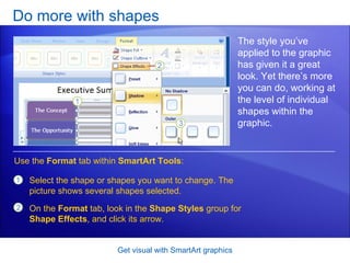 Do more with shapes Get visual with SmartArt graphics The style you’ve applied to the graphic has given it a great look. Yet there’s more you can do, working at the level of individual shapes within the graphic.  Select the shape or shapes you want to change. The picture shows several shapes selected. On the  Format  tab, look in the  Shape Styles  group for  Shape Effects , and click its arrow. Use the  Format  tab within  SmartArt Tools : 