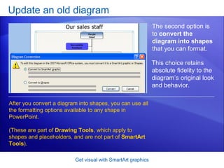 Update an old diagram Get visual with SmartArt graphics The second option is to  convert the diagram into shapes  that you can format. After you convert a diagram into shapes, you can use all the formatting options available to any shape in PowerPoint.  (These are part of  Drawing Tools , which apply to shapes and placeholders, and are not part of  SmartArt Tools ). This choice retains absolute fidelity to the diagram’s original look and behavior.  