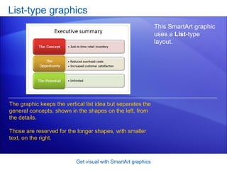 List-type graphics Get visual with SmartArt graphics This SmartArt graphic uses a  List -type layout.  The graphic keeps the vertical list idea but separates the general concepts, shown in the shapes on the left, from the details.  Those are reserved for the longer shapes, with smaller text, on the right. 