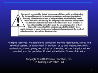 All rights reserved. No part of this publication may be reproduced, stored in a retrieval system, or transmitted, in any form or by any means, electronic, mechanical, photocopying, recording, or otherwise, without the prior written permission of the publisher. Printed in the United States of America. Copyright © 2010 Pearson Education, Inc.   Publishing as Prentice Hall 