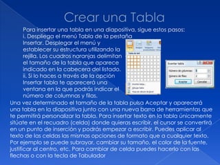 Para insertar una tabla en una diapositiva, sigue estos pasos:
       i. Despliega el menú Tabla de la pestaña
       Insertar. Desplegar el menú y
       establecer su estructura utilizando la
       rejilla. Los cuadros naranjas delimitan
       el tamaño de la tabla que aparece
       indicado en la cabecera del listado.
       ii. Si lo haces a través de la opción
       Insertar tabla te aparecerá una
       ventana en la que podrás indicar el
       número de columnas y filas.
Una vez determinado el tamaño de la tabla pulsa Aceptar y aparecerá
una tabla en la diapositiva junto con una nueva barra de herramientas que
te permitirá personalizar la tabla. Para insertar texto en la tabla únicamente
sitúate en el recuadro (celda) donde quieras escribir, el cursor se convertirá
en un punto de inserción y podrás empezar a escribir. Puedes aplicar al
texto de las celdas las mismas opciones de formato que a cualquier texto.
Por ejemplo se puede subrayar, cambiar su tamaño, el color de la fuente,
justificar al centro, etc. Para cambiar de celda puedes hacerlo con las
flechas o con la tecla de Tabulador
 