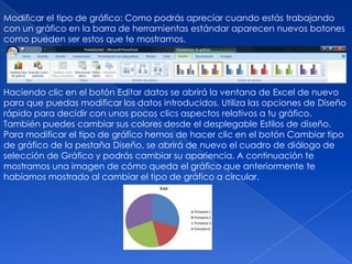 Modificar el tipo de gráfico: Como podrás apreciar cuando estás trabajando
con un gráfico en la barra de herramientas estándar aparecen nuevos botones
como pueden ser estos que te mostramos.




Haciendo clic en el botón Editar datos se abrirá la ventana de Excel de nuevo
para que puedas modificar los datos introducidos. Utiliza las opciones de Diseño
rápido para decidir con unos pocos clics aspectos relativos a tu gráfico.
También puedes cambiar sus colores desde el desplegable Estilos de diseño.
Para modificar el tipo de gráfico hemos de hacer clic en el botón Cambiar tipo
de gráfico de la pestaña Diseño, se abrirá de nuevo el cuadro de diálogo de
selección de Gráfico y podrás cambiar su apariencia. A continuación te
mostramos una imagen de cómo queda el gráfico que anteriormente te
habíamos mostrado al cambiar el tipo de gráfico a circular.
 