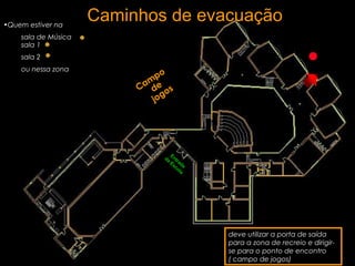 Caminhos de evacuação•Quem estiver na
sala de Música
sala 1
sala 2
ou nessa zona
deve utilizar a porta de saída
para a zona de recreio e dirigir-
se para o ponto de encontro
( campo de jogos)
Cam
po
de
jogos
Entrada
da
Escola
 