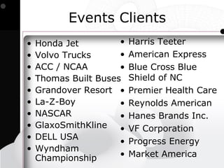 Events Clients
•   Honda Jet         •   Harris Teeter
•   Volvo Trucks      •   American Express
•   ACC / NCAA        •   Blue Cross Blue
•   Thomas Built Buses    Shield of NC
•   Grandover Resort •    Premier Health Care
•   La-Z-Boy          •   Reynolds American
•   NASCAR            •   Hanes Brands Inc.
•   GlaxoSmithKline •     VF Corporation
•   DELL USA
                      •   Progress Energy
•   Wyndham
    Championship      •   Market America
 
