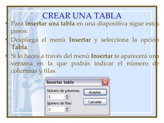 CREAR UNA TABLA
• Para insertar una tabla en una diapositiva sigue estos
  pasos:
• Despliega el menú Insertar y selecciona la opción
  Tabla.
• Si lo haces a través del menú Insertar te aparecerá una
  ventana en la que podrás indicar el número de
  columnas y filas.
 