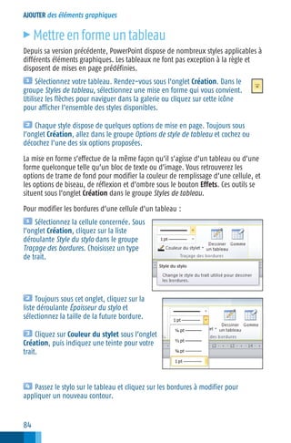 AJOUTER des éléments graphiques

c

Mettre en forme un tableau

Depuis sa version précédente, PowerPoint dispose de nombreux styles applicables à
différents éléments graphiques. Les tableaux ne font pas exception à la règle et
disposent de mises en page prédéfinies.
Sélectionnez votre tableau. Rendez−vous sous l’onglet Création. Dans le
groupe Styles de tableau, sélectionnez une mise en forme qui vous convient.
Utilisez les flèches pour naviguer dans la galerie ou cliquez sur cette icône
pour afficher l’ensemble des styles disponibles.
Chaque style dispose de quelques options de mise en page. Toujours sous
l’onglet Création, allez dans le groupe Options de style de tableau et cochez ou
décochez l’une des six options proposées.
La mise en forme s’effectue de la même façon qu’il s’agisse d’un tableau ou d’une
forme quelconque telle qu’un bloc de texte ou d’image. Vous retrouverez les
options de trame de fond pour modifier la couleur de remplissage d’une cellule, et
les options de biseau, de réflexion et d’ombre sous le bouton Effets. Ces outils se
situent sous l’onglet Création dans le groupe Styles de tableau.
Pour modifier les bordures d’une cellule d’un tableau :
Sélectionnez la cellule concernée. Sous
l’onglet Création, cliquez sur la liste
déroulante Style du stylo dans le groupe
Traçage des bordures. Choisissez un type
de trait.

Toujours sous cet onglet, cliquez sur la
liste déroulante Épaisseur du stylo et
sélectionnez la taille de la future bordure.
Cliquez sur Couleur du stylet sous l’onglet
Création, puis indiquez une teinte pour votre
trait.

Passez le stylo sur le tableau et cliquez sur les bordures à modifier pour
appliquer un nouveau contour.

84

 