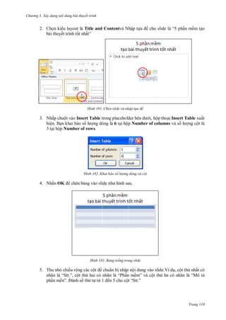 h

ng 3. Xây d ng nội dung bài thuyết trình

2. Ch n ki u layout là Title and Contentvà Nhập t
bài thuyết trình t t nhấ ”

H nh

ề

“5 ph n mềm t o

Chèn slide và nhập t a đề

3. Nhấp chuột vào Insert Table
i, hộp tho i Insert Table xuất
hiện. B n khai báo s
ng dòng là 6 t i hộp Number of columns và s
ng cột là
3 t i hộp Number of rows.

H nh

4. Nhấn OK

Khai báo số l ợng dòng và cột

chèn b ng vào slide

H nh

Bảng trống trong slide

5. Thu nh chiều rộng các cộ
chuẩn b nhập nội dung vào slide.Ví d , cột th nhất có
ã
“S .”, ột th
ã
“P n mề ”
ột th
ã
“M
ph n mề ”
th t từ ến 5 cho cộ “S ”

Trang 110

 
