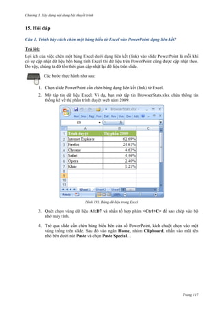 h

ng 3. Xây d ng nội dung bài thuyết trình

15. Hỏ
Câu 1. Trình bày cách chèn một bảng biểu từ Excel vào PowerPoint dạng liên kết?
Trả l i:
L i ích c a việc chèn một b
i d ng liên kết (link) vào slide PowerPoint là m i khi
có s cập nhật d liệu bên b ng tính Excel thì d liệ
P
P
c cập nhật theo.
Do vậ ,
ỡ t n th i gian cập nhật l i d liệu trên slide.
:

c th

1. Ch n slide PowerPoint c n chèn b ng d ng liên kết (link) từ Excel.
2. Mở tập tin d liệu Excel. Ví d , b n mở tập tin BrowserStats.xlsx ch a thông tin
th ng kê về th ph n trình duyệ
9

H nh

Bảng d li u trong Excel

3. Quét ch n vùng d liệu A1:B7 và nhấn t h p phím <Ctrl+C>
nh máy tính.

sao chép vào bộ

4. Trở qua slide c n chèn b ng bi u bên c a s PowerPoint, kích chuột ch n vào một
vùng tr
S
Home, nhóm Clipboard, nhấ
nh
i nút Paste và ch n Paste Special…

Trang 117

 