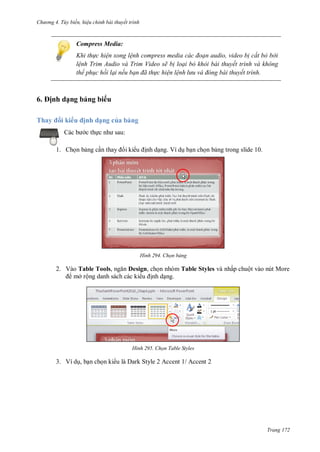 h

ng 4. T y biến hi u chỉnh bài thuyết trình

Compress Media:
Khi th c hi n xong l nh compress media các đoạn audio, video b cắt bỏ bởi
l nh Trim Audio và Trim Video sẽ b loại bỏ khỏi bài thuyết trình và không
thể ph c hồi lại nếu bạn đã th c hi n l nh l u và đ ng bài thuyết trình.

6

ịnh dạng bảng bi u

Thay

i ki u ịnh dạng của bảng
c th
1. Ch n b ng c

:
i ki

nh d ng. Ví d b n ch n b ng trong slide 10.

H nh

Chọn bảng

2. Vào Table Tools,
Design, ch n nhóm Table Styles và nhấp chuột vào nút More
mở rộng danh sách các ki
nh d ng.

H nh

Chọn Table Styles

3. Ví d , b n ch n ki u là Dark Style 2 Accent 1/ Accent 2

Trang 172

 