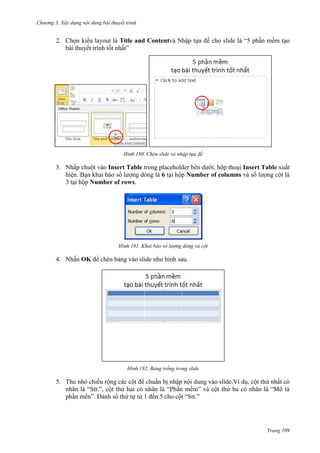 Chương 3. Xây dựng nội dung bài thuyết trình

2. Chọn kiểu layout là Title and Contentvà Nhập tựa đề cho slide là “5 phần mềm tạo
bài thuyết trình tốt nhất”

180. Chèn slide và nhập tựa đề

3. Nhấp chuột vào Insert Table trong placeholder bên dưới, hộp thoại Insert Table xuất
hiện. Bạn khai báo số lượng dòng là 6 tại hộp Number of columns và số lượng cột là
3 tại hộp Number of rows.

181. Khai báo số lượng dòng và cột

4. Nhấn OK để chèn bảng vào slide như hình sau.

182. Bảng trống trong slide

5. Thu nhỏ chiều rộng các cột để chuẩn bị nhập nội dung vào slide.Ví dụ, cột thứ nhất có
nhãn là “Stt.”, cột thứ hai có nhãn là “Phần mềm” và cột thứ ba có nhãn là “Mô tả
phần mền”. Đánh số thứ tự từ 1 đến 5 cho cột “Stt.”

Trang 109

 