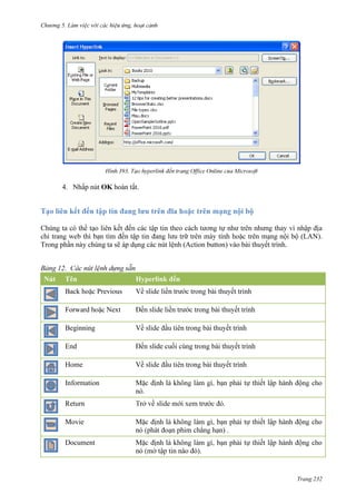 Chương 5

393.

4. Nhấp nút OK hoàn tất.

mạng nội bộ
trên mạng nội bộ (LAN).
Trong phần này chúng ta sẽ áp dụng các nút lệnh (Action button) vào bài thuyết trình.
12.
Tên
Back

Hyperlink
Previous

Forward

Next

Beginning
End

slide

Home
Information
.
Return

.

Movie
).
Document
).

Trang 232

 