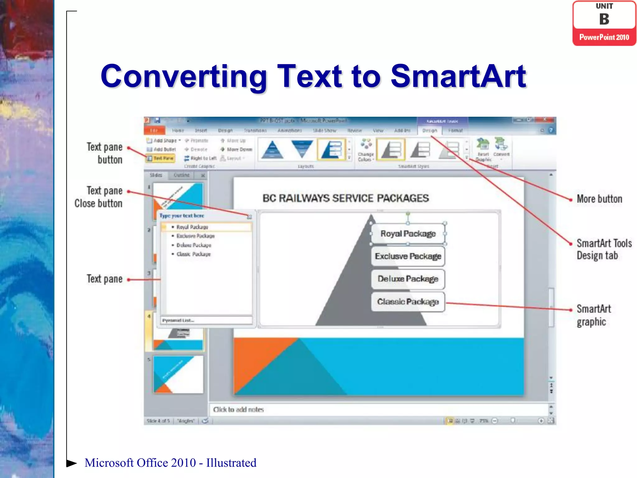 Converting Text to SmartArt




Microsoft Office 2010 - Illustrated
 