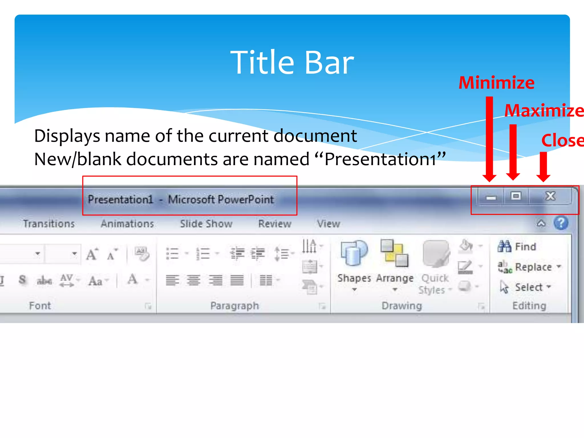 Title Bar                  Minimize
                                                     Maximize
Displays name of the current document                   Close
New/blank documents are named “Presentation1”
 