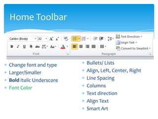 Home Toolbar



Change font and type     Bullets/ Lists
Larger/Smaller           Align, Left, Center, Right
Bold Italic Underscore   Line Spacing
Font Color               Columns
                         Text direction
                         Align Text
                         Smart Art
 
