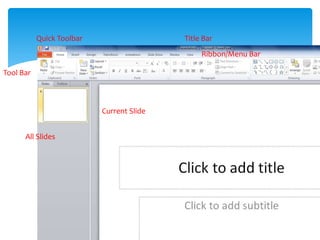 Quick Toolbar                   Title Bar
                                                Ribbon/Menu Bar

Tool Bar



                           Current Slide


      All Slides
 