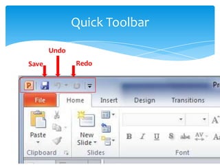 Quick Toolbar
       Undo
Save          Redo
 