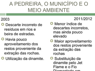 A PEDREIRA, O MUNICÍPIO E O
          MEIO AMBIENTE
2003                                     2011/2012
 Descarte incorreto de      Menor índice de
  resíduos em rios e         descartes incorretos,
  beira de estradas.         mas ainda pouco
                             elevado
 Havia pouco                Maior aproveitamento
  aproveitamento dos         dos restos proveniente
  restos proveniente da      da extração das
  extração das rochas.       rochas
 Utilização da dinamite.    Substituição da
                             dinamite pelo Jet
                             Flame e o Fio
 