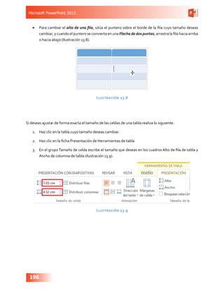 Microsoft PowerPoint 2013
196
•	 Para cambiar el alto de una fila, sitúa el puntero sobre el borde de la fila cuyo tamaño deseas
cambiar, y cuando el puntero se convierta en una Flecha de dos puntas, arrastra la fila hacia arriba
o hacia abajo (Ilustración 13.8).
Ilustración 13.8
Si deseas ajustar de forma exacta el tamaño de las celdas de una tabla realiza lo siguiente:
1.	 Haz clic en la tabla cuyo tamaño deseas cambiar.
2.	 Haz clic en la ficha Presentación de Herramientas de tabla
3.	 En el grupo Tamaño de celda escribe el tamaño que deseas en los cuadros Alto de fila de tabla y
Ancho de columna de tabla (Ilustración 13.9).
Ilustración 13.9
 