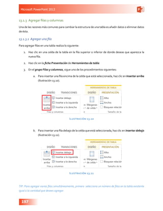 Microsoft PowerPoint 2013
197
13.1.3	 Agregar filas y columnas
Una de las razones más comunes para cambiar la estructura de una tabla es añadir datos o eliminar datos
de ésta.
13.1.3.1	 Agregar una fila
Para agregar filas en una tabla realiza lo siguiente:
1.	 Haz clic en una celda de la tabla en la fila superior o inferior de donde deseas que aparezca la
nueva fila.
2.	 Haz clic en la ficha Presentación de Herramientas de tabla
3.	 En el grupo Filas y columnas, sigue uno de los procedimientos siguientes:
a.	 Para insertar una fila encima de la celda que está seleccionada, haz clic en Insertar arriba
(Ilustración 13.10).
Ilustración 13.10
b.	 Para insertar una fila debajo de la celda que está seleccionada, haz clic en Insertar debajo
(Ilustración 13.11).
Ilustración 13.11
TIP: Para agregar varias filas simultáneamente, primero selecciona un número de filas en la tabla existente
igual a la cantidad que desees agregar.
 