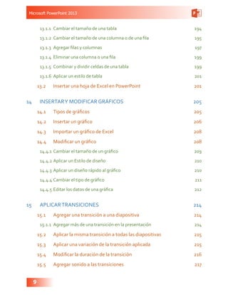 Microsoft PowerPoint 2013
9
13.1.1	 Cambiar el tamaño de una tabla 194
13.1.2	 Cambiar el tamaño de una columna o de una fila 195
13.1.3	 Agregar filas y columnas  197
13.1.4	 Eliminar una columna o una fila 199
13.1.5	 Combinar y dividir celdas de una tabla  199
13.1.6	 Aplicar un estilo de tabla  201
13.2	 Insertar una hoja de Excel en PowerPoint 201
14	 INSERTARY MODIFICAR GRÁFICOS 205
14.1	 Tipos de gráficos 205
14.2	 Insertar un gráfico 206
14.3	 Importar un gráfico de Excel  208
14.4	 Modificar un gráfico 208
14.4.1	Cambiar el tamaño de un gráfico 209
14.4.2	Aplicar un Estilo de diseño 210
14.4.3	Aplicar un diseño rápido al gráfico 210
14.4.4	Cambiar el tipo de gráfico 211
14.4.5	Editar los datos de una gráfica  212
15	 APLICARTRANSICIONES 214
15.1	 Agregar una transición a una diapositiva 214
15.1.1	 Agregar más de una transición en la presentación 214
15.2	 Aplicar la misma transición a todas las diapositivas  215
15.3	 Aplicar una variación de la transición aplicada 215
15.4	 Modificar la duración de la transición 216
15.5	 Agregar sonido a las transiciones  217
 