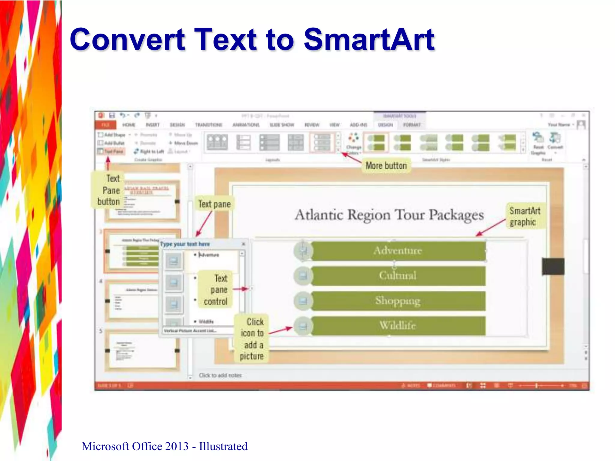 Convert Text to SmartArt
Microsoft Office 2013 - Illustrated
 