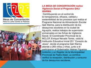 LA MESA DE CONCERTACIÓN realiza 
Vigilancia Social al Programa QALI 
WARMA: 
Contribuyendo en el control de 
la transparencia, eficacia, calidad y 
sostenibilidad de los procesos que realiza el 
Programa Nacional de Alimentación Escolar 
Qali Warma, para la distribución de los 
desayunos escolares en la ciudad de 
Aguaytía, realiza trabajos de supervisión 
enmarcados en las fichas de Vigilancia 
Social. El Coordinador Provincial de la 
MCLCP, Enrique Nevado Torres, visitó la 
Institución Educativa Inicial 251 “Corazón de 
Jesús”, donde el programa Qali Warma 
atiende a 265 niños y niñas, junto a él 
participaron el Gobernador Helmer Figueroa 
Ambicho y un Regidor de la Municipalidad 
Provincial de Padre Abad. La comitiva 
verificó la recepción, distribución y consumo 
de los desayunos escolares, 
 