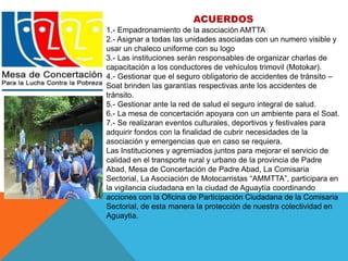 ACUERDOS 
1.- Empadronamiento de la asociación AMTTA 
2.- Asignar a todas las unidades asociadas con un numero visible y 
usar un chaleco uniforme con su logo 
3.- Las instituciones serán responsables de organizar charlas de 
capacitación a los conductores de vehículos trimovil (Motokar). 
4.- Gestionar que el seguro obligatorio de accidentes de tránsito – 
Soat brinden las garantías respectivas ante los accidentes de 
tránsito. 
5.- Gestionar ante la red de salud el seguro integral de salud. 
6.- La mesa de concertación apoyara con un ambiente para el Soat. 
7.- Se realizaran eventos culturales, deportivos y festivales para 
adquirir fondos con la finalidad de cubrir necesidades de la 
asociación y emergencias que en caso se requiera. 
Las Instituciones y agremiados juntos para mejorar el servicio de 
calidad en el transporte rural y urbano de la provincia de Padre 
Abad, Mesa de Concertación de Padre Abad, La Comisaria 
Sectorial, La Asociación de Motocarristas “AMMTTA”, participara en 
la vigilancia ciudadana en la ciudad de Aguaytía coordinando 
acciones con la Oficina de Participación Ciudadana de la Comisaria 
Sectorial, de esta manera la protección de nuestra colectividad en 
Aguaytia. 
 