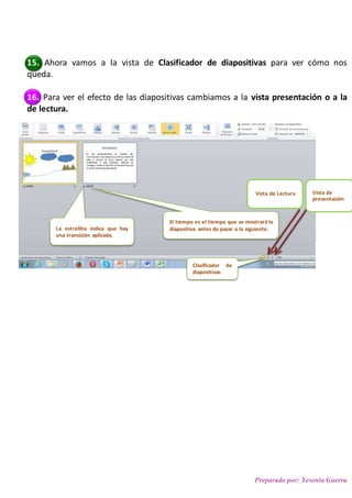 Preparado por: Yesenia Guerra
15. Ahora vamos a la vista de Clasificador de diapositivas para ver cómo nos
queda.
16. Para ver el efecto de las diapositivas cambiamos a la vista presentación o a la
de lectura.
Clasificador de
diapositivas
La estrellita indica que hay
una transición aplicada.
El tiempo es el tiempo que se mostrará la
diapositiva antes de pasar a la siguiente.
Vista de Lectura Vista de
presentación
 