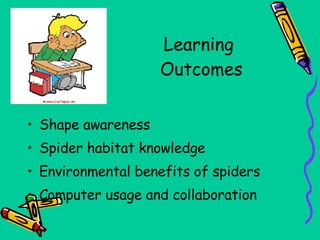 Learning  Outcomes Shape awareness Spider habitat knowledge Environmental benefits of spiders Computer usage and collaboration 