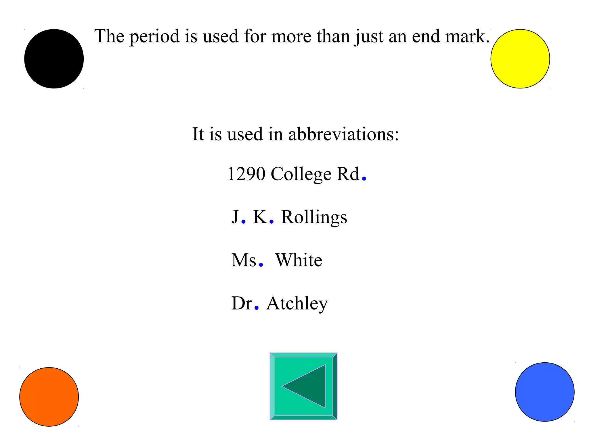 The period is used for more than just an end mark. 
It is used in abbreviations: 
1290 College Rd. 
J. K. Rollings 
Ms. White 
Dr. Atchley 
 