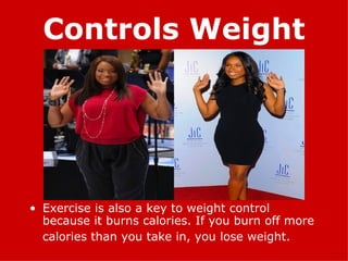 Controls Weight Exercise is also a key to weight control because it burns calories. If you burn off more calories than you take in, you lose weight.   