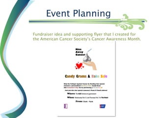 Event Planning

Fundraiser idea and supporting flyer that I created for
the American Cancer Society’s Cancer Awareness Month.
 