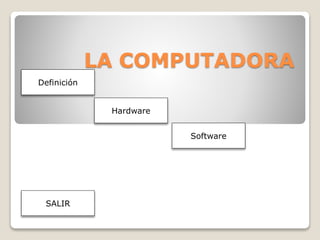 LA COMPUTADORA
Definición
Hardware
Software
SALIR
 