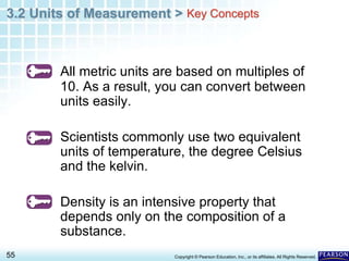 3.2 Units of Measurement >
55 Copyright © Pearson Education, Inc., or its affiliates. All Rights Reserved.
All metric units are based on multiples of
10. As a result, you can convert between
units easily.
Scientists commonly use two equivalent
units of temperature, the degree Celsius
and the kelvin.
Density is an intensive property that
depends only on the composition of a
substance.
Key Concepts
 