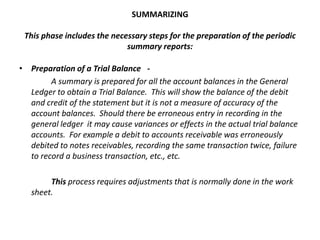 SUMMARIZING
This phase includes the necessary steps for the preparation of the periodic
summary reports:
• Preparation of a Trial Balance A summary is prepared for all the account balances in the General
Ledger to obtain a Trial Balance. This will show the balance of the debit
and credit of the statement but it is not a measure of accuracy of the
account balances. Should there be erroneous entry in recording in the
general ledger it may cause variances or effects in the actual trial balance
accounts. For example a debit to accounts receivable was erroneously
debited to notes receivables, recording the same transaction twice, failure
to record a business transaction, etc., etc.

This process requires adjustments that is normally done in the work
sheet.

 
