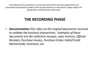In the absence of a worksheet it is necessary that all the necessary adjustments are
journalized and posted to update all the account balances in the general ledger before the
preparation of the financial statements.

THE RECORDING PHASE
• Documentation-This refers to the original documents received
to validate the business transactions. Examples of these
documents are the collection receipts, sales invoices, Official
Receipts, Purchase Invoice, Purchase Order, Debit/Credit
Memoranda, Contracts, etc.

 