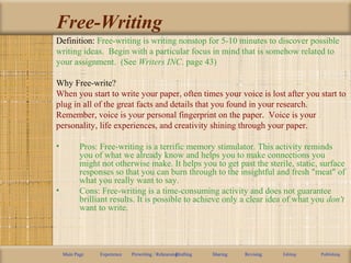 Free-Writing
Definition: Free-writing is writing nonstop for 5-10 minutes to discover possible
writing ideas. Begin with a particular focus in mind that is somehow related to
your assignment. (See Writers INC. page 43)
Why Free-write?
When you start to write your paper, often times your voice is lost after you start to
plug in all of the great facts and details that you found in your research.
Remember, voice is your personal fingerprint on the paper. Voice is your
personality, life experiences, and creativity shining through your paper.
• Pros: Free-writing is a terrific memory stimulator. This activity reminds
you of what we already know and helps you to make connections you
might not otherwise make. It helps you to get past the sterile, static, surface
responses so that you can burn through to the insightful and fresh "meat" of
what you really want to say.
• Cons: Free-writing is a time-consuming activity and does not guarantee
brilliant results. It is possible to achieve only a clear idea of what you don't
want to write.
Main Page Experience Prewriting / RehearsingDrafting Sharing Revising Editing Publishing
 
