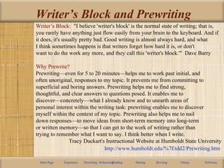 Writer’s Block and Prewriting
Writer’s Block: "I believe 'writer's block' is the normal state of writing; that is,
you rarely have anything just flow easily from your brain to the keyboard. And if
it does, it's usually pretty bad. Good writing is almost always hard, and what
I think sometimes happens is that writers forget how hard it is, or don't
want to do the work any more, and they call this 'writer's block.'" Dave Barry
Why Prewrite?
Prewriting—even for 5 to 20 minutes—helps me to work past initial, and
often unoriginal, responses to my topic. It prevents me from committing to
superficial and boring answers. Prewriting helps me to find strong,
thoughtful, and clear answers to questions posed. It enables me to
discover—concretely—what I already know and to unearth areas of
personal interest within the writing task: prewriting enables me to discover
myself within the context of my topic. Prewriting also helps me to nail
down responses—to move ideas from short-term memory into long-term
or written memory—so that I can get to the work of writing rather than
trying to remember what I want to say. I think better when I write.
Tracy Duckart's Instructional Website at Humboldt State University
http://www.humboldt.edu/%7Etdd2/Prewriting.htm
Main Page Experience Prewriting / RehearsingDrafting Sharing Revising Editing Publishing
 