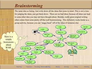 Brainstorming
The same idea as listing. Just write down all the ideas that come to mind. This is not a time
for judging the ideas, just get them down. There are no bad ideas, because all ideas can lead
to some other idea you may not have thought about. Besides, really great original writing
often comes from some pretty off-the-wall brainstorming. This definitely works better as a
group activity, because you can “piggy-back” off of the ideas of someone else.
Main Page Experience Prewriting / RehearsingDrafting Sharing Revising Editing Publishing
Here is a
simple
brainstorm
about
WAR.
 